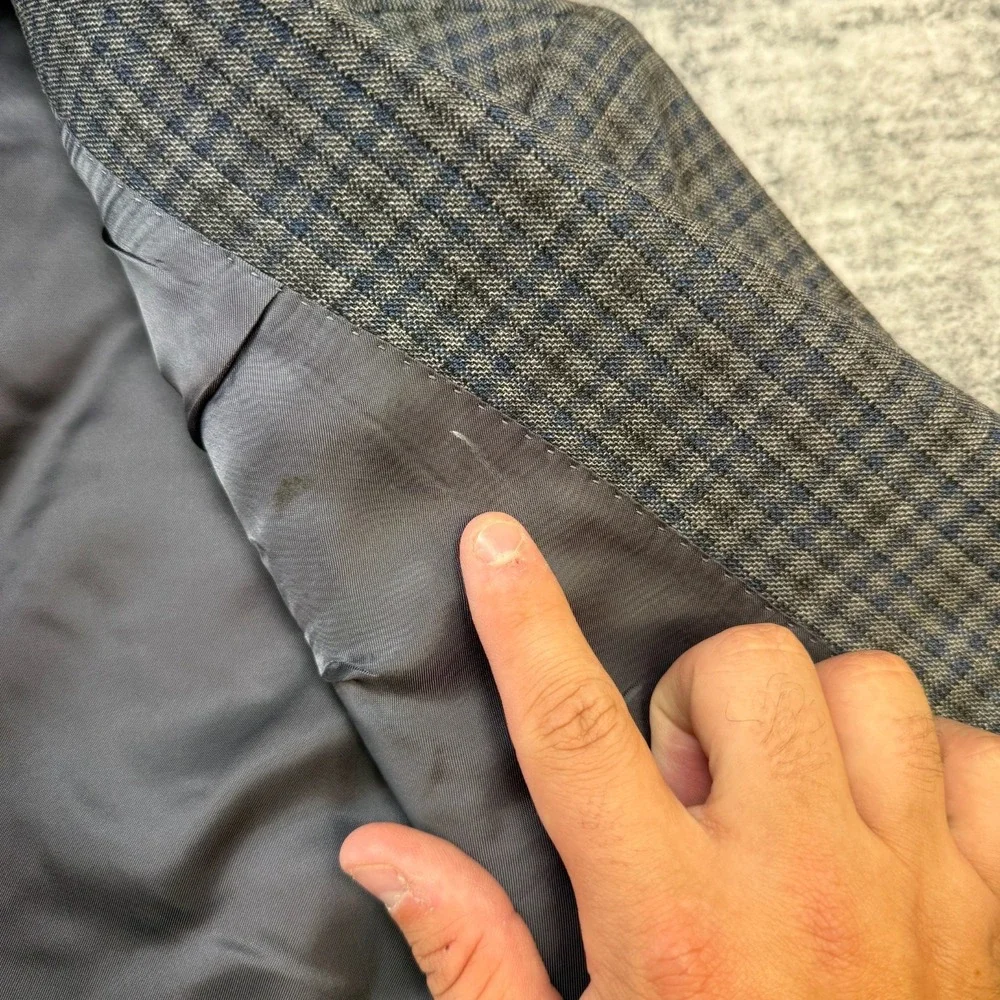 Jos A Bank Blazer Jacket MEns 44L Blue Gray Plaid Wool Sport Coat Academia Ivy